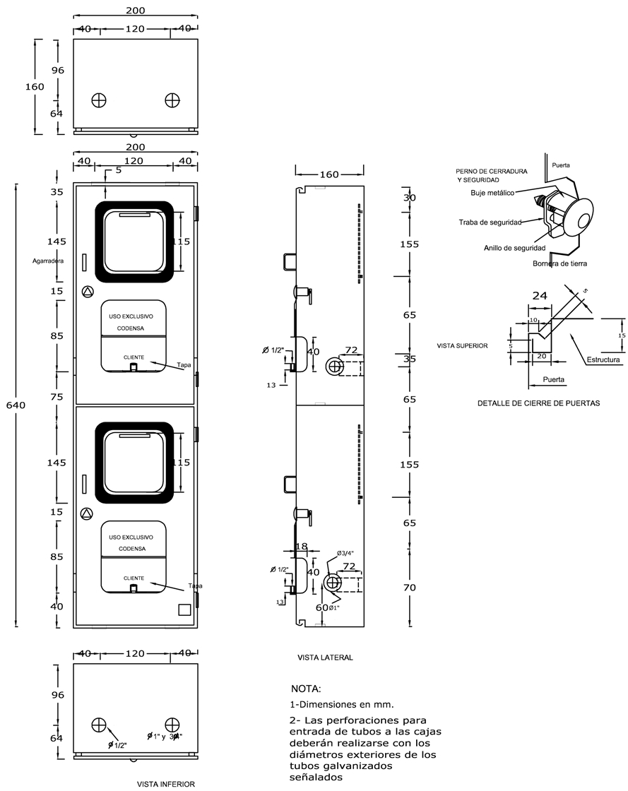 AE304-2 Caja vertical para dos medidores monofásicos. Especificaciones  generales